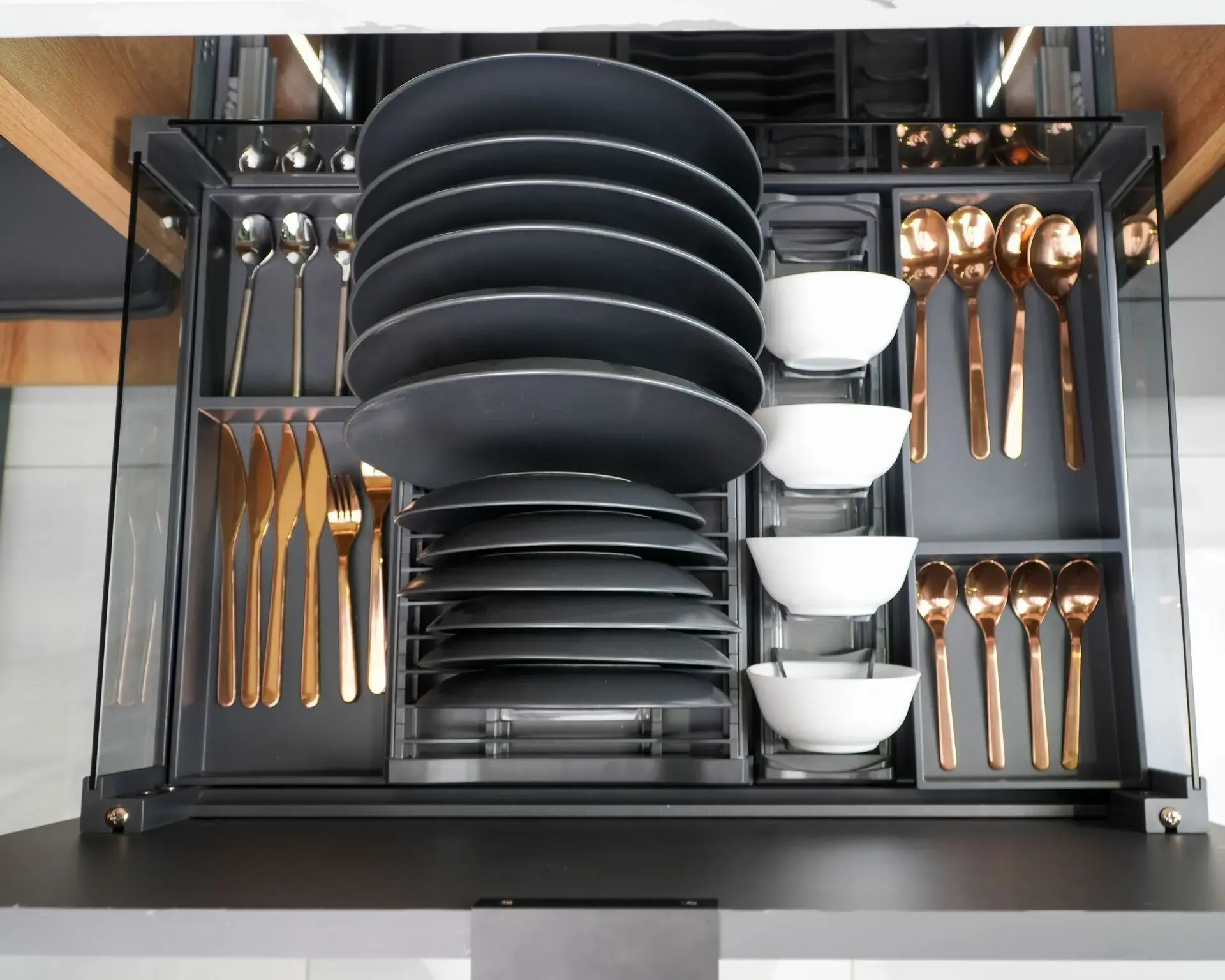 BARI Pull-Out Drawer Dish Organizer-Milano Hardware and Interiors