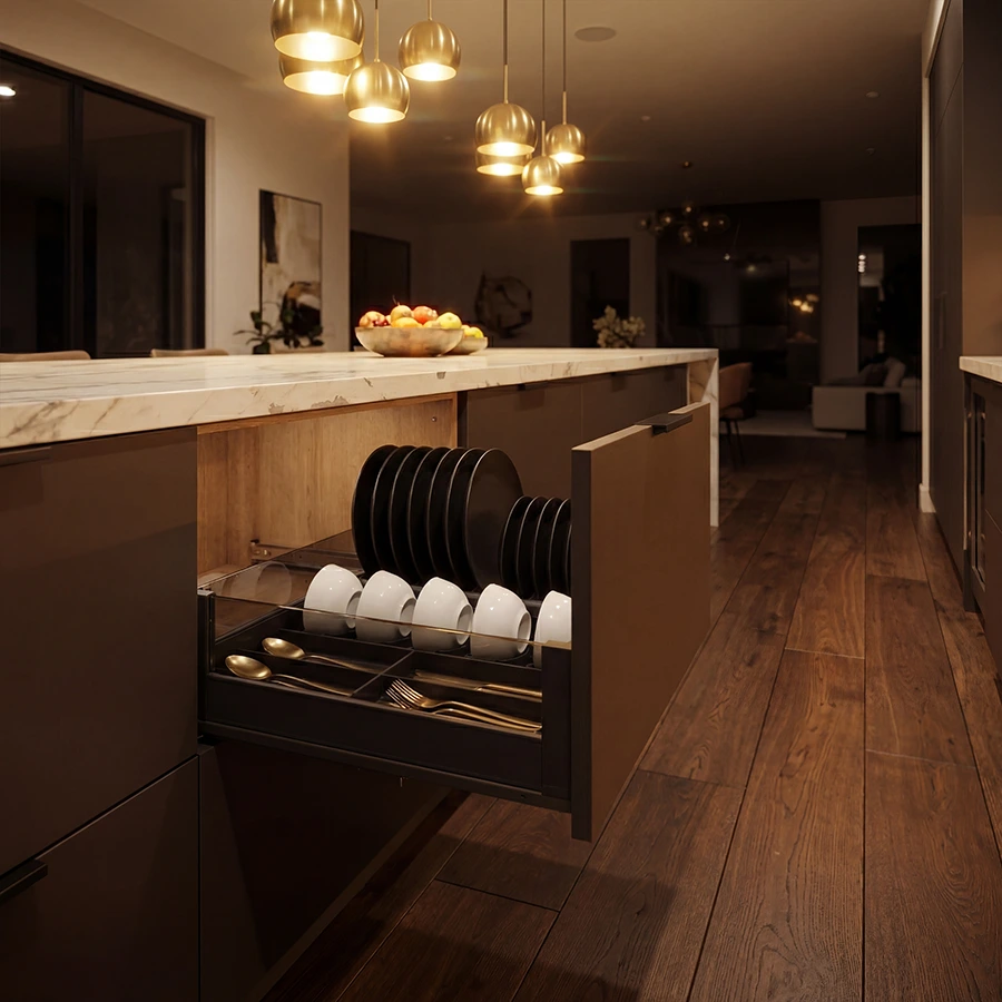 BARI Pull-Out Drawer Dish Organizer-Milano Hardware and Interiors
