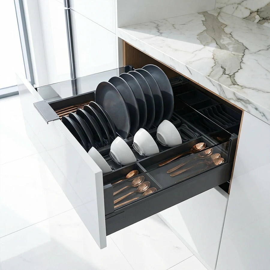 BARI Pull-Out Drawer Dish Organizer-Milano Hardware and Interiors