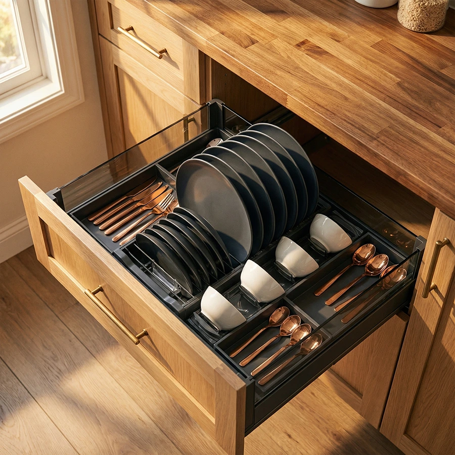 BARI Pull-Out Drawer Dish Organizer-Milano Hardware and Interiors