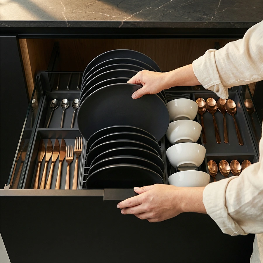 BARI Pull-Out Drawer Dish Organizer-Milano Hardware and Interiors