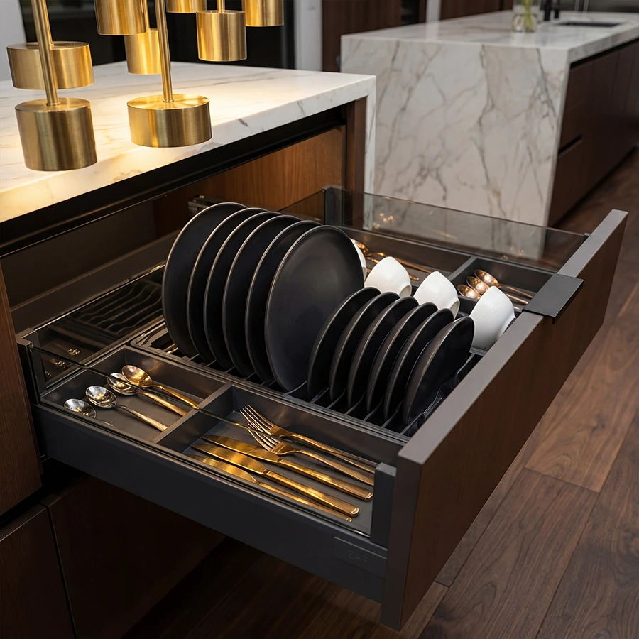 BARI Pull-Out Drawer Dish Organizer-Milano Hardware and Interiors