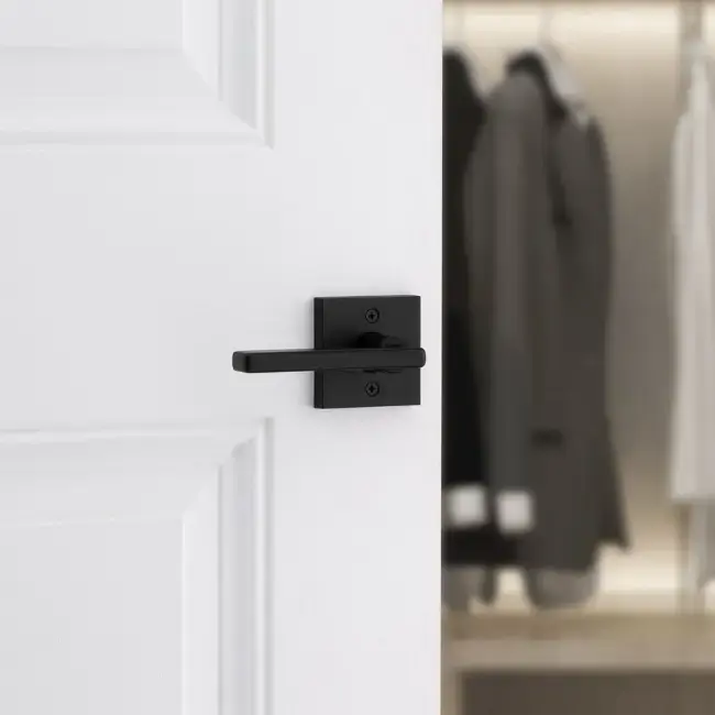 Weiser Halifax Square Lever-Matte Black Dummy Door Look.webp